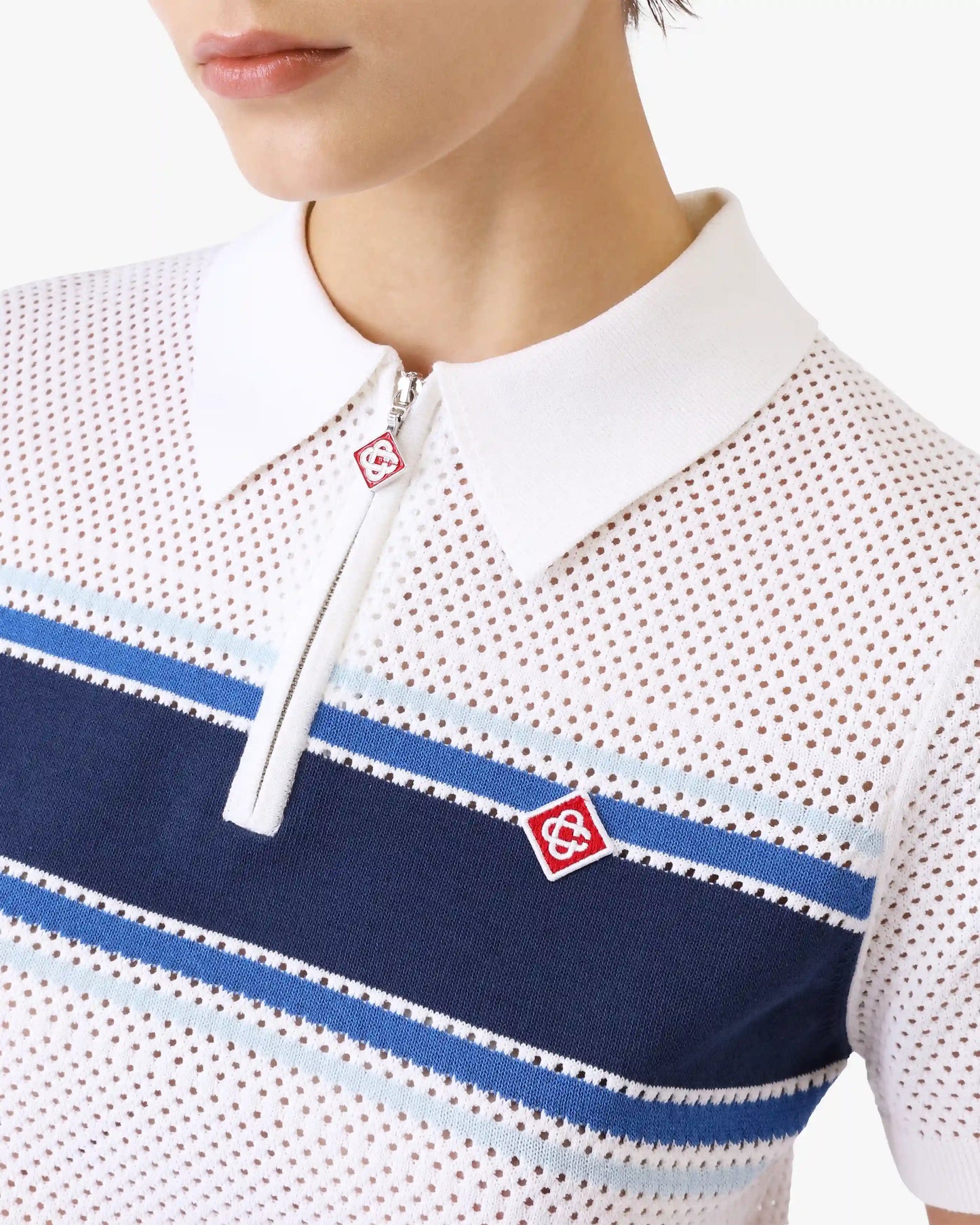 White & Blue Striped Mesh Polo Shirt