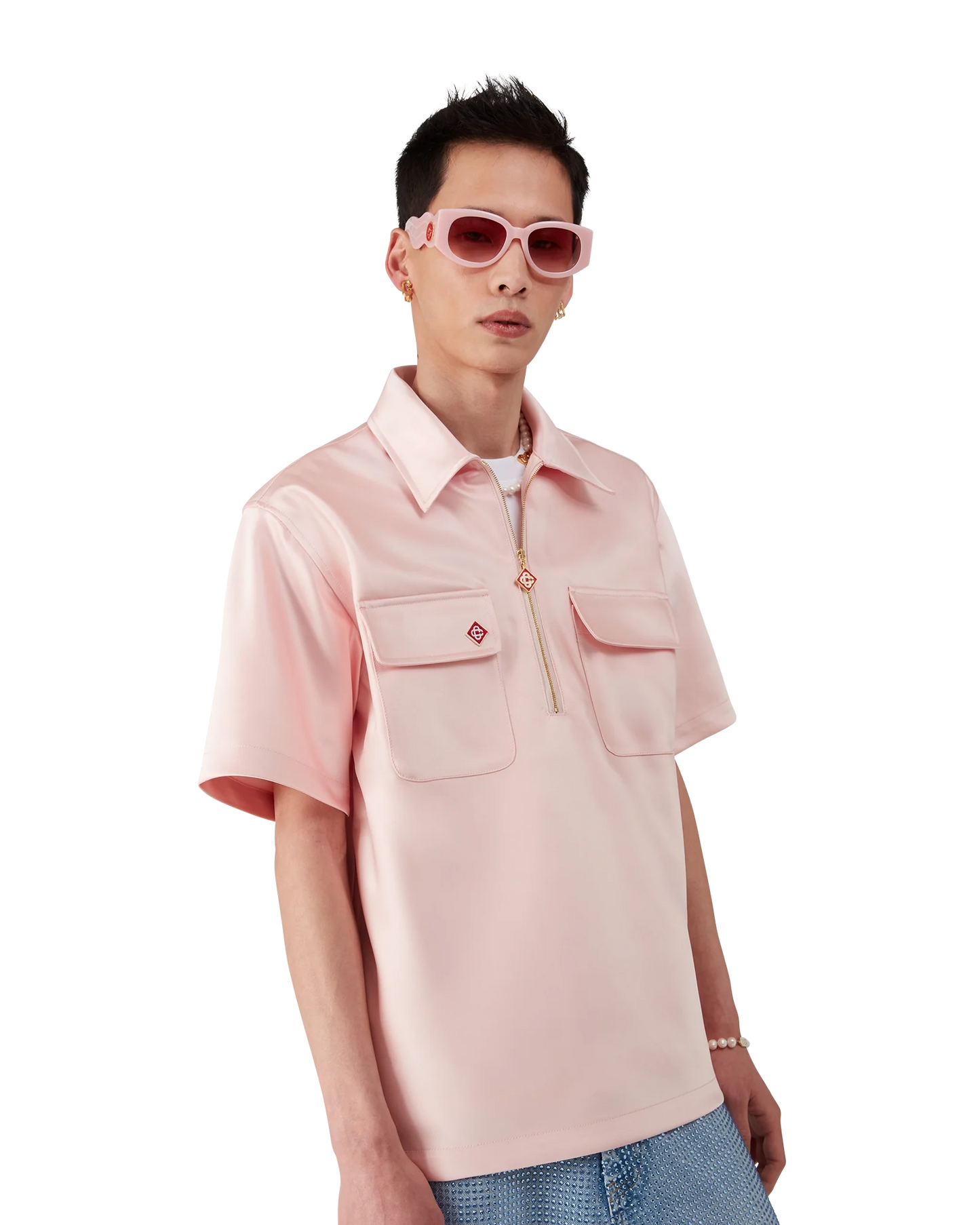 Satin Quarter Short Sleeve Zip Shirt