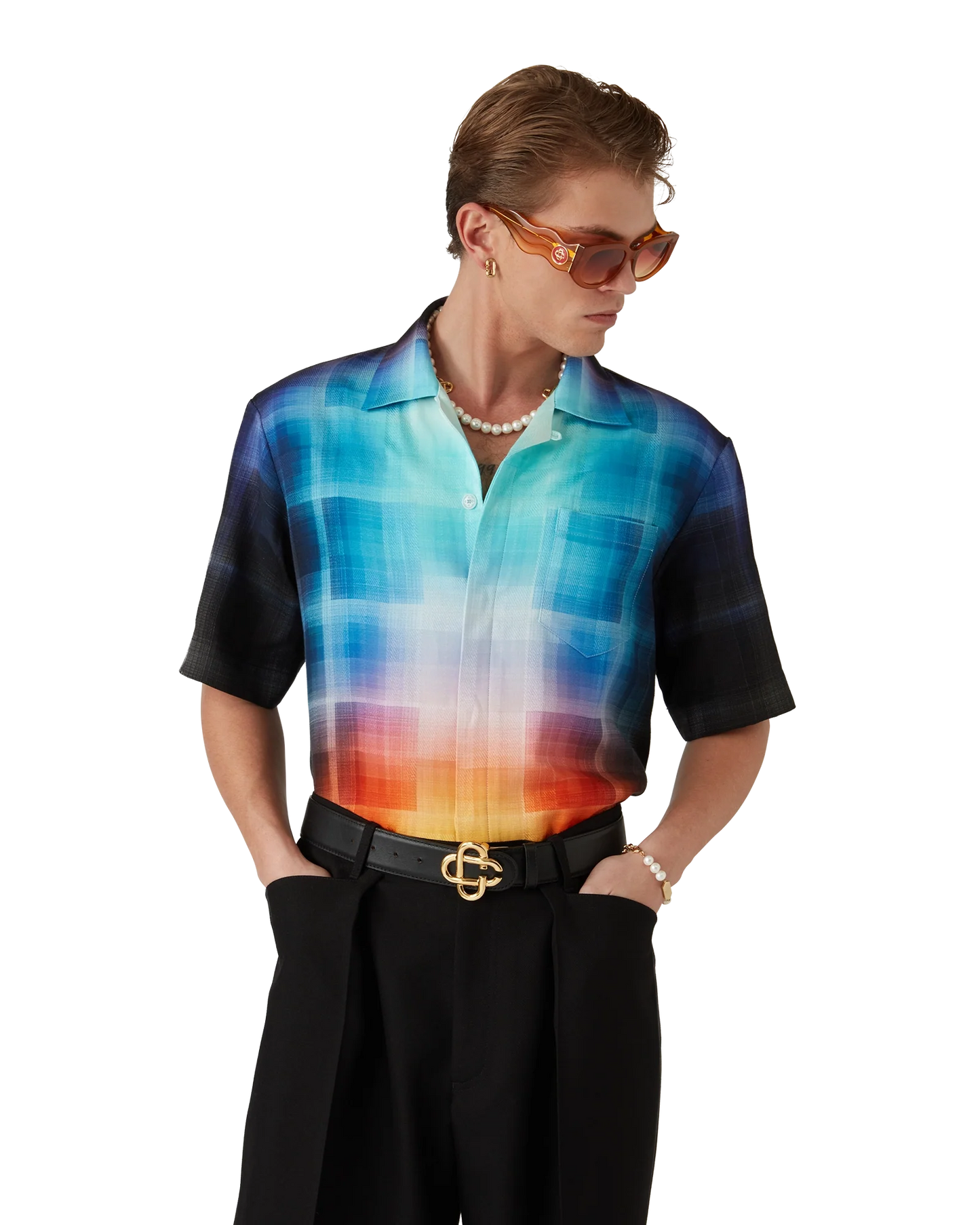 Gradient Check Viscose Blend Short Sleeve Shirt
