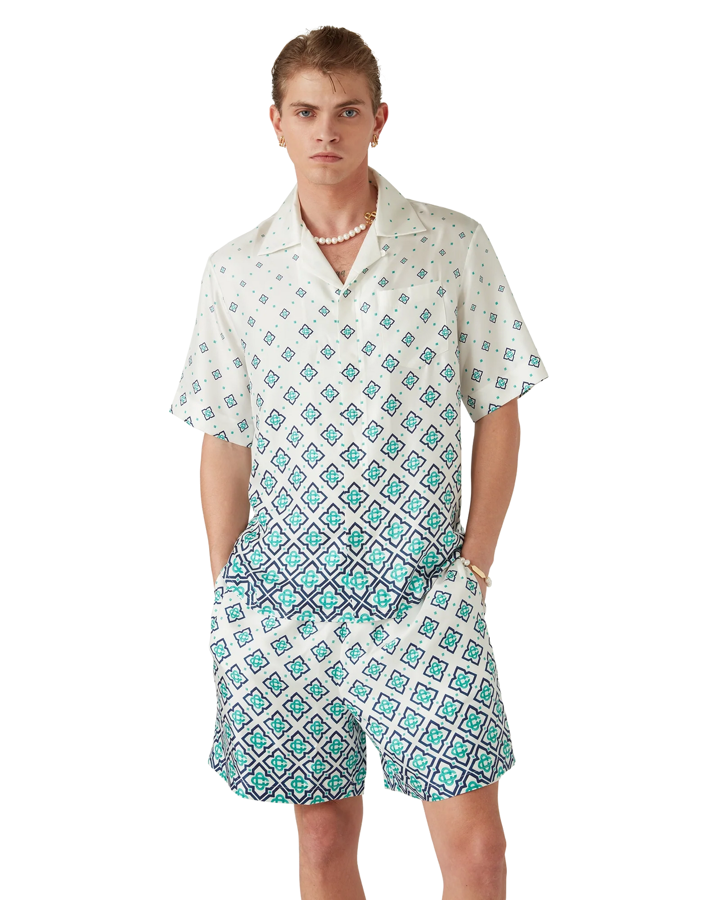 Gradient Monogram Short-Sleeve Silk Shirt