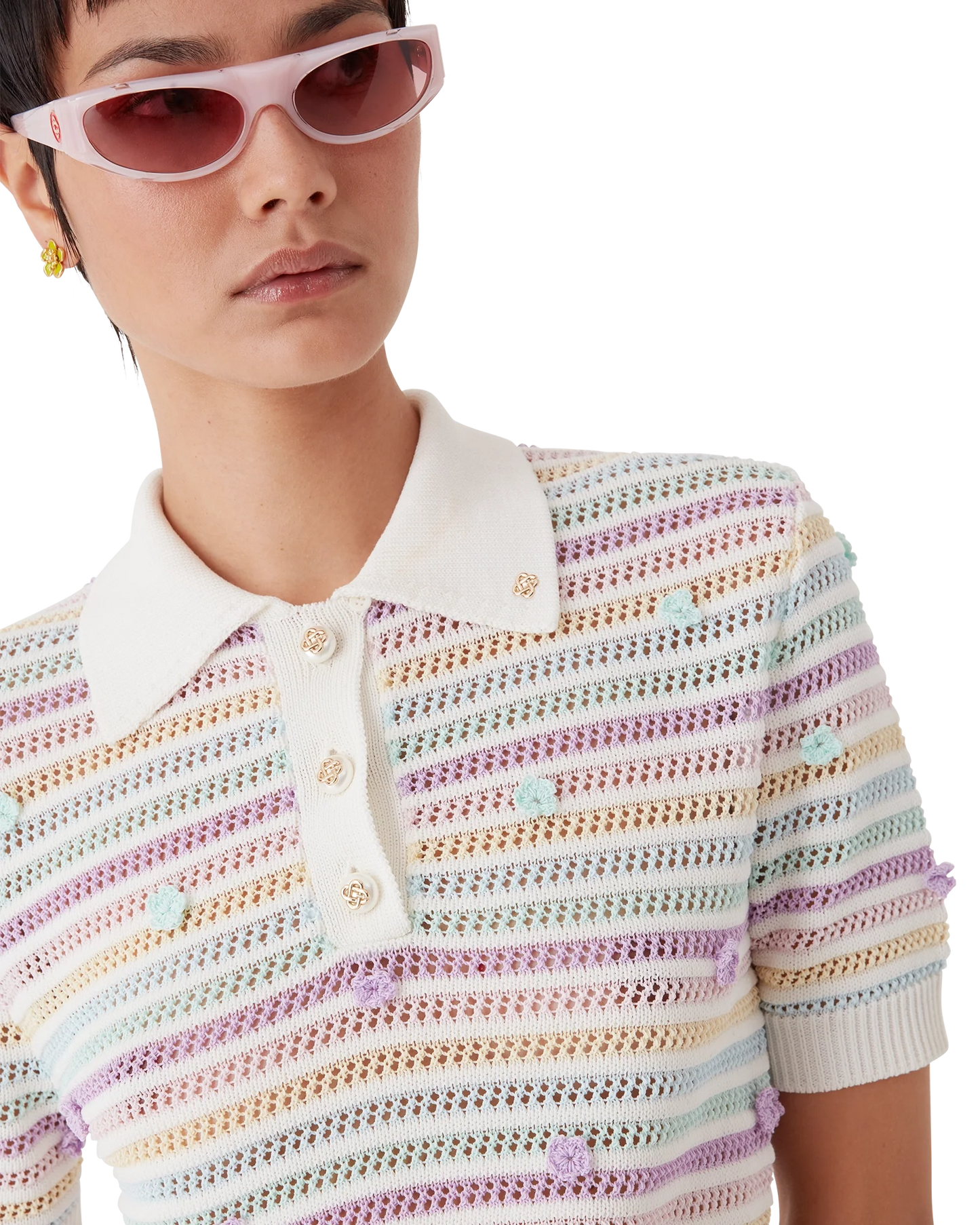 Flower Stripe Cotton Crochet Polo