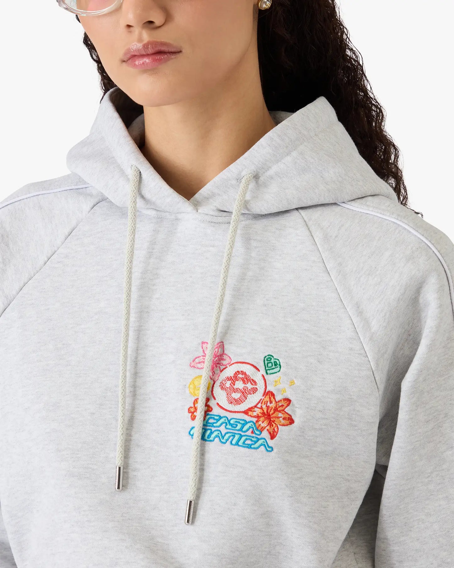 Grey Embroidered Cropped Hooded Sweatshirt