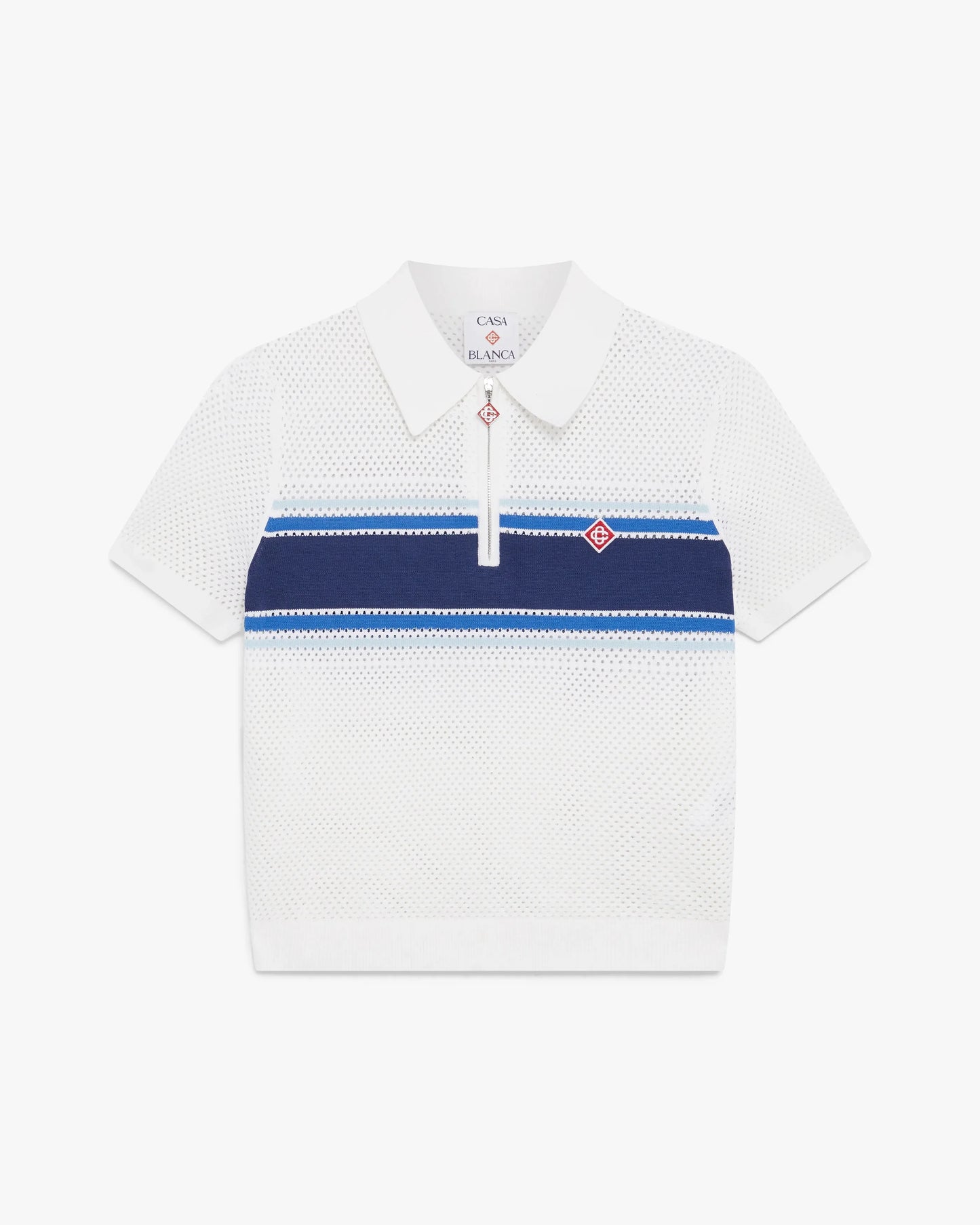 White & Blue Striped Mesh Polo Shirt