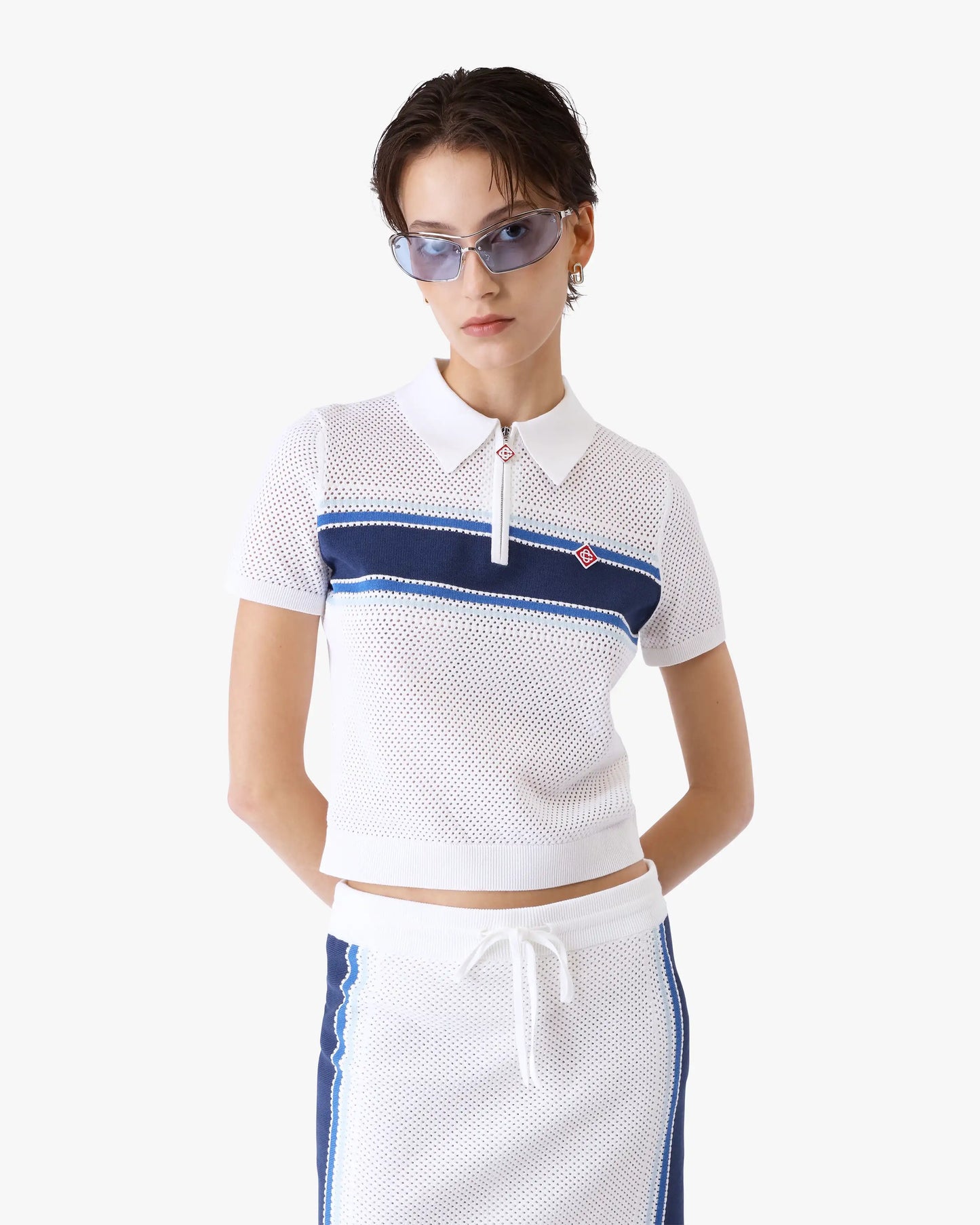 White & Blue Striped Mesh Polo Shirt