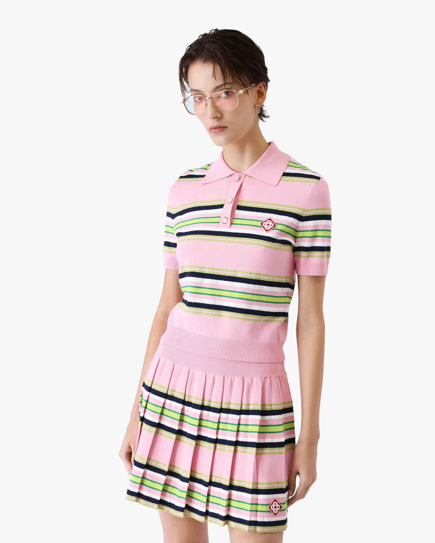 Pink & Green Striped Fitted Polo Shirt