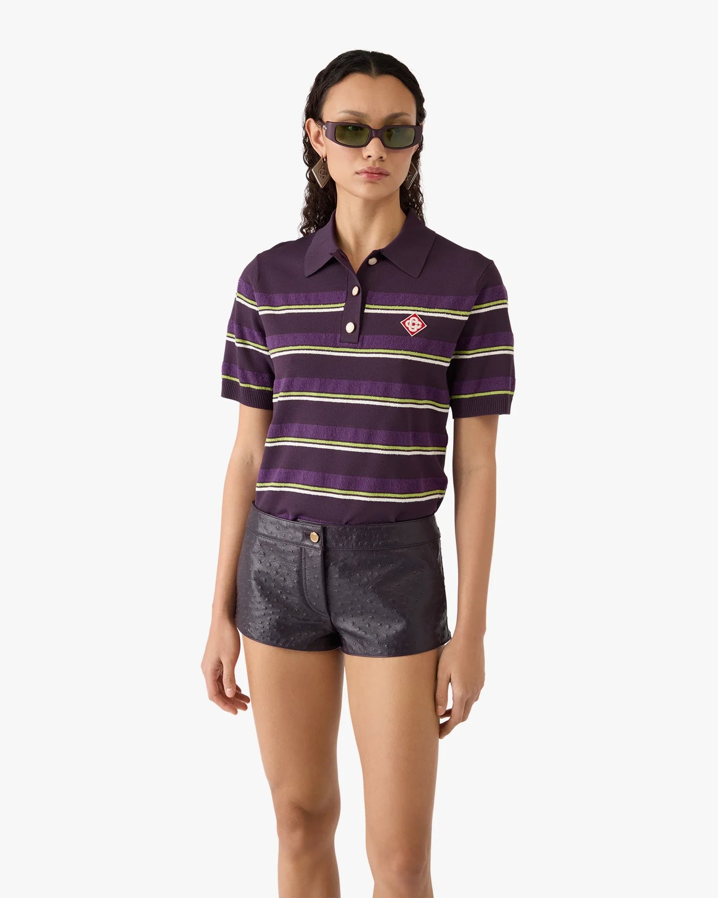 Purple & Green Striped Fitted Polo Shirt