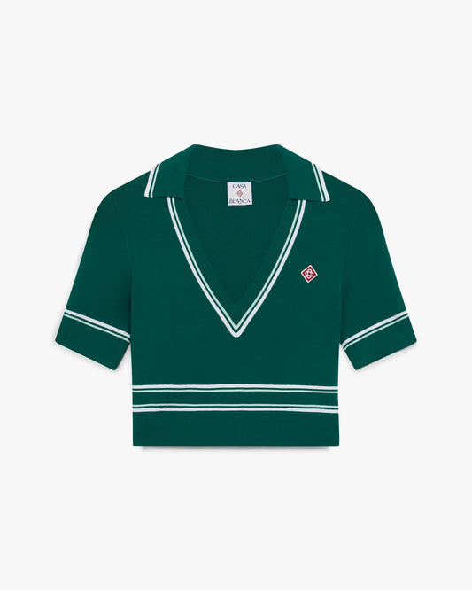 Green Cropped Knit Polo Shirt